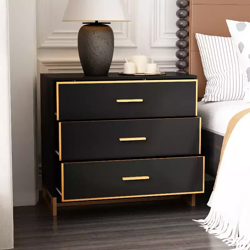 3-Drawer Modern Nightstand with Open Metal Frame, Black & Gold Finish, 28.7
