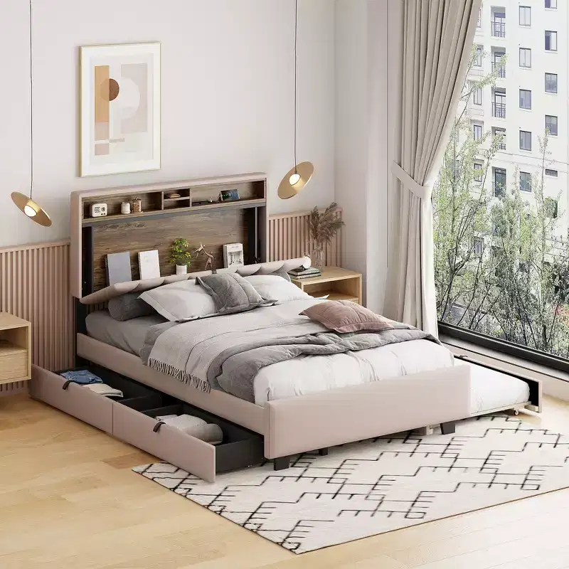 Full/Queen Upholstered Platform Bed with Storage Headboard, Twin Trundle & 2 Drawers