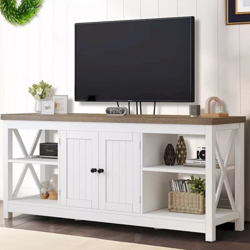 White Farmhouse MDF TV Stand with Power Outlets, USB Ports and 3-Tier Open Shelves for 1 Person, Fits TVs up to 65