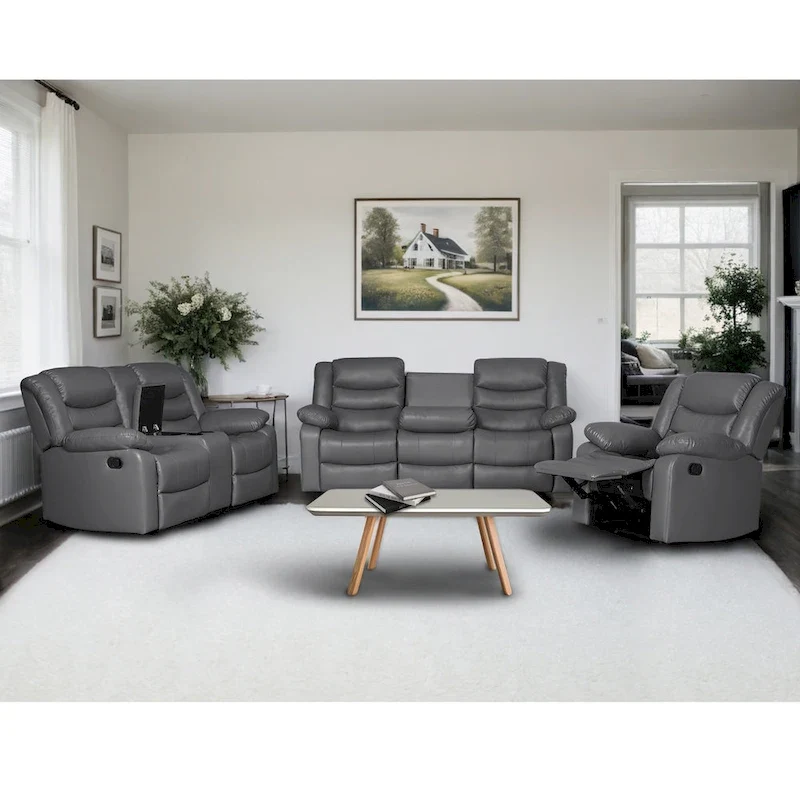 3 Piece Faux Leather Manual Reclining Livingroom Sofa  with Dropdown Table and Console