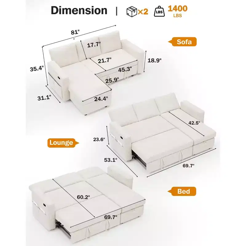 Dyonery 81 L Shaped Sleeper Sofa Bed, Chenille Sectional Couch with Pull Out Bed, Reclining Backrest, Storage Chaise, USB Ports