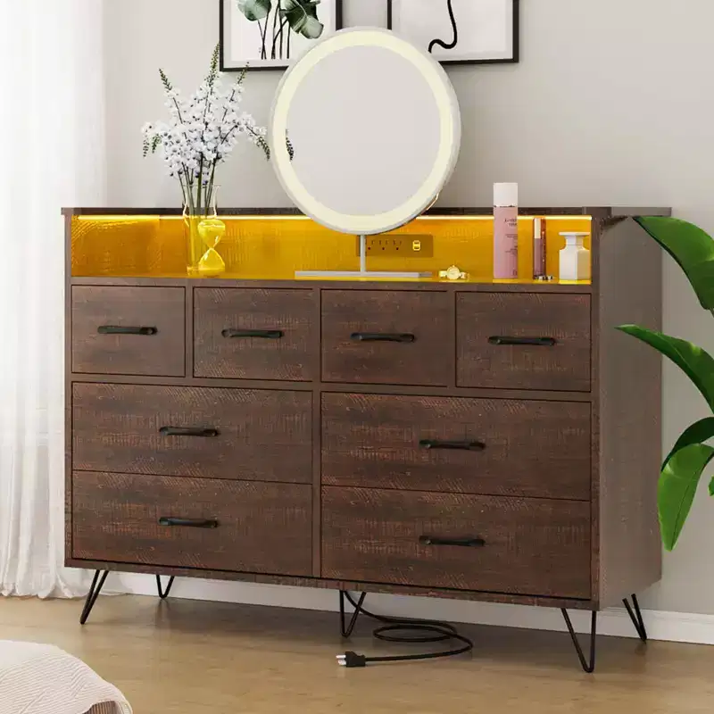 Dresser for Bedroom with LED Light, Charging Station, 8 Drawers, Open Space, Modern Wide Chest for Living Room Entryway Hallway