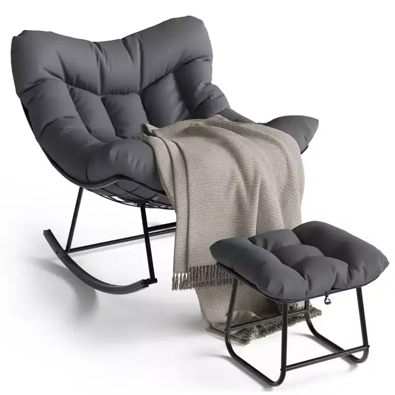 Oversized Outdoor Lounge Chair with Ottoman, Metal Frame Rocking Chair, Patio Rattan Egg Rocker for Backyard, Balcony, and Patio Relaxation