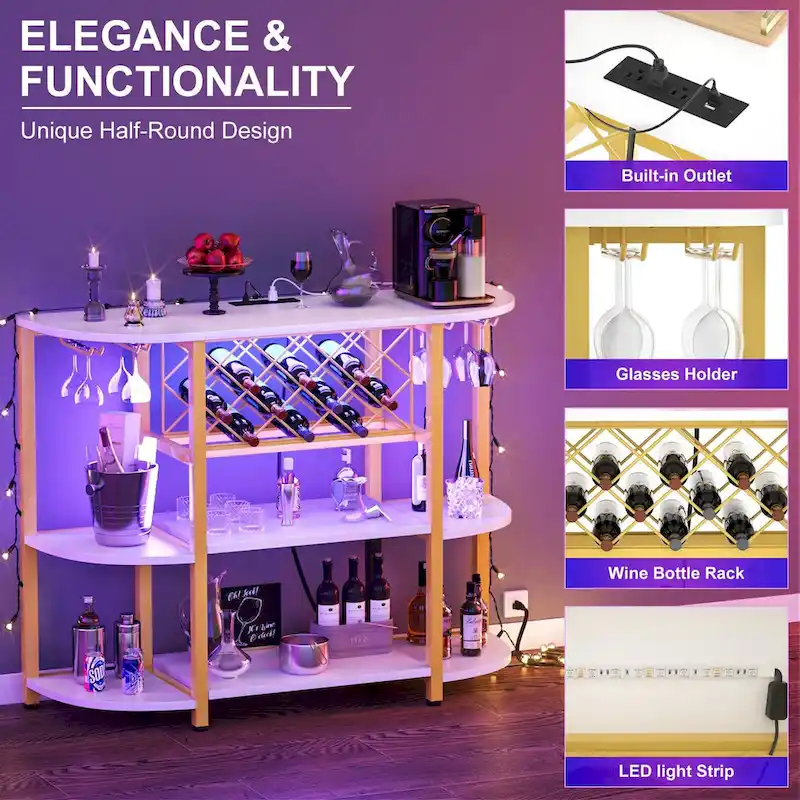 4-Tier Wine Bar Cabinet with Outlet and LED Light,Freestanding Bar Table with Glass Holder and Wine Storage