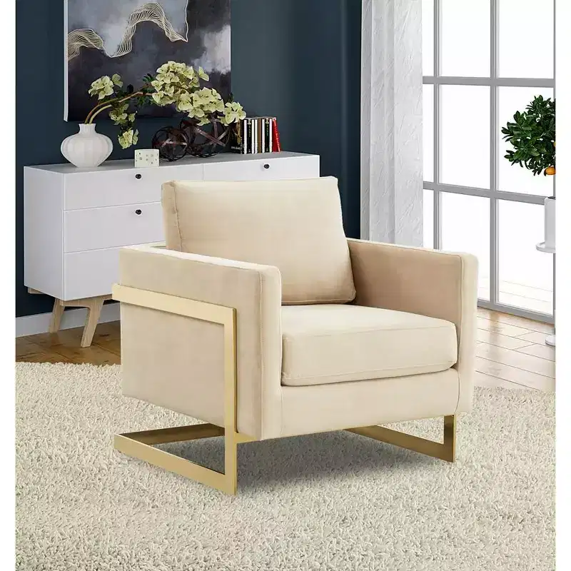 LeisureMod Lincoln Upholstered Accent Arm Chair - Modern Velvet Club Chair with Architectural Gold Metal Frame