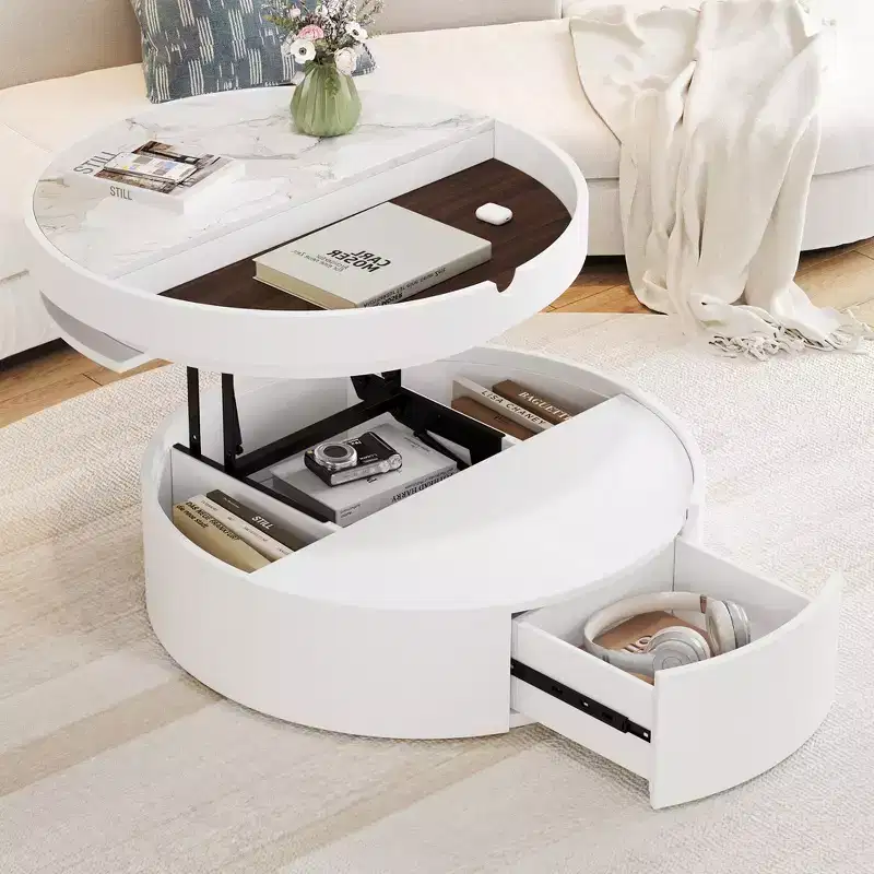 Whisen Modern Lift Top Coffee Table with Hidden Storage and Drawer, Marble and Wood Grain Tabletop - White & Walnut