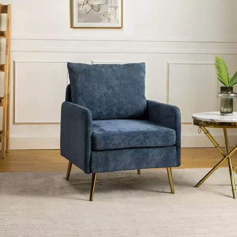 Giovann Wooden Upholstered Accent Chair Comfy Armchair Living Room and Bedroom Armchair with Metal Legs | Karat Home-NAVY