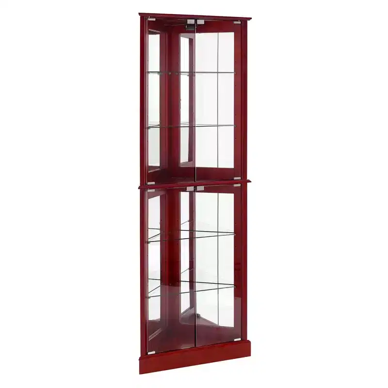 Corner Curio Cabinet, Cherry/Walnut, 4-Door Glass Display Cabinet