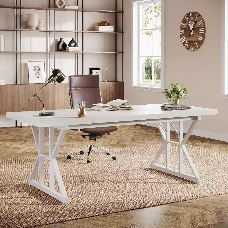 70.86-Inch Large Executive Desk, Industrial Home Office Computer Desk, Simple Long Writing Study Table Business Furniture (White)