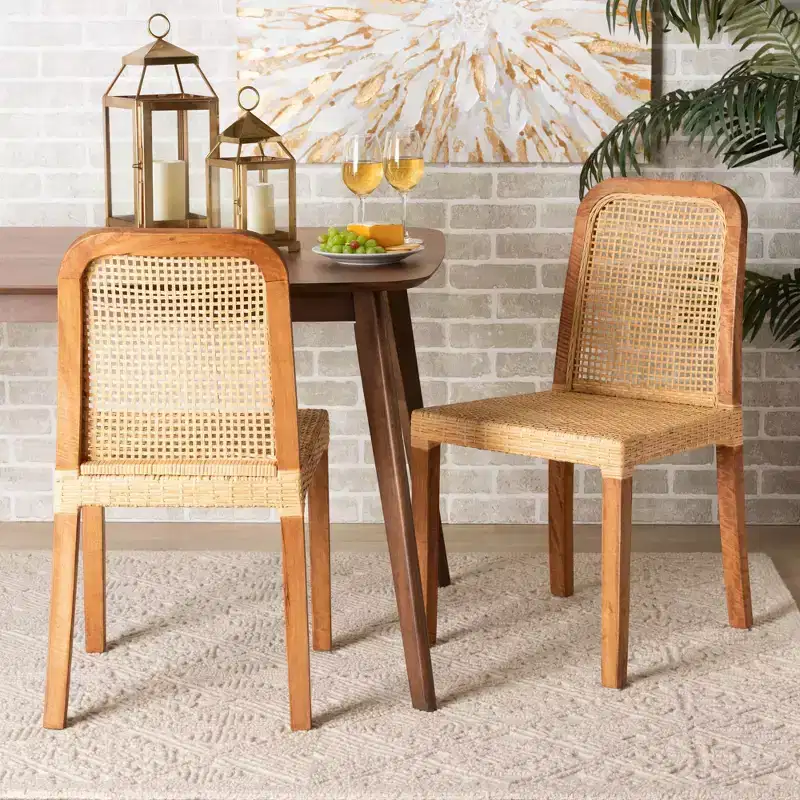 2pc CaspiaWood and Rattan Dining Chair Set Natural/Walnut - bali & pari: Solid Mango, Indonesian Craftsmanship