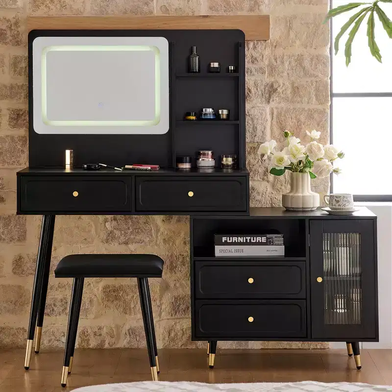 GDFStudio Ramon 4-Drawer Vanity Set with Stool, Dimmable Mirror, Power Outlet and Adjustable Side Cabinet