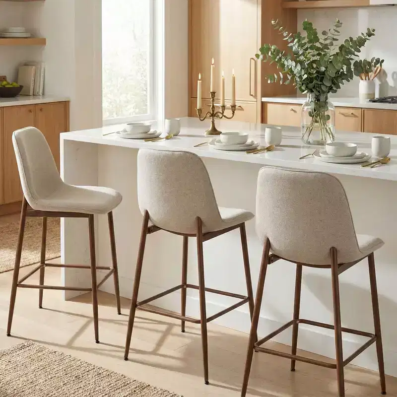 Set of 3 Counter Height Bar Stools, 25.5 Upholstered Kitchen Island Stools with Metal Legs, Curved Back Bar Chairs for Dining Room