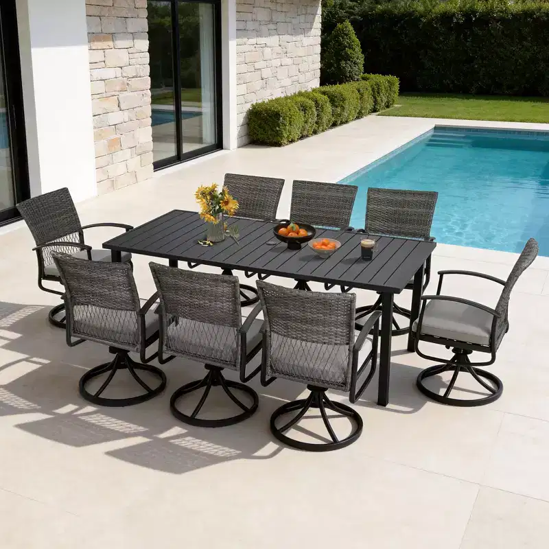 HAPPATIO Rattan Patio Dining Set, Outdoor Dining Set with Swivel Chairs, Powder-Coated Dining Table with Umbrella Hole for Garden, Yard