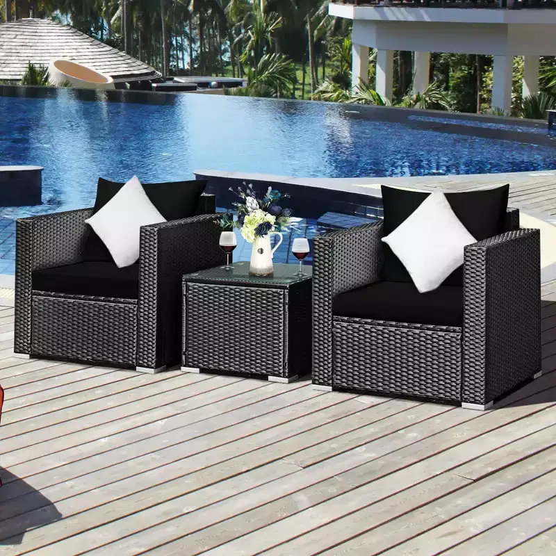 Costway 3PCS Patio Rattan Wicker Furniture Set Sofa Table W/Cushion Yard Red\Turquoise\ Navy\Black