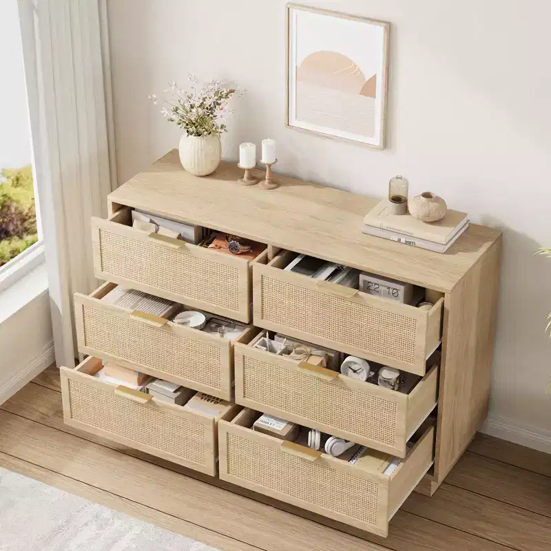 Rattan 6 Drawer Dresser, 47in Wide Natural Oak 6 Chest of Drawers with Metal Handles and Wooden Sturdy Base for Bedroom Living Room Nursery