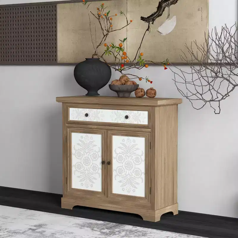 GDFStudio Connesena Rustic Storage Cabinet with Drawers and Metal Doors