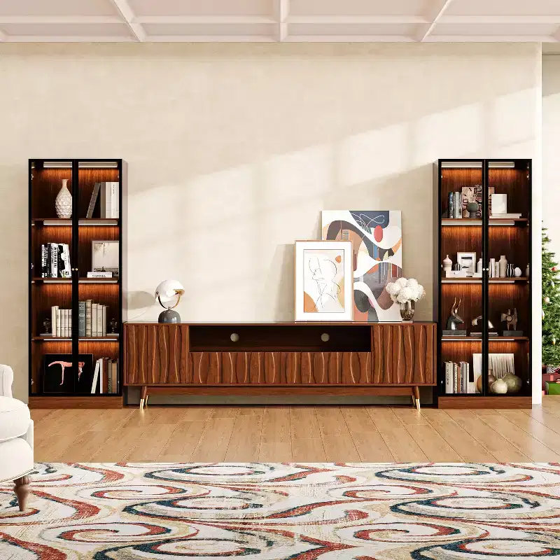 ATJafurn Walnut Mid-century Modern TV Stand with Storage and Two 4-Tier Glass Display Cabinet, Brown Wood Entertainment Center Set for TVs up to 85''