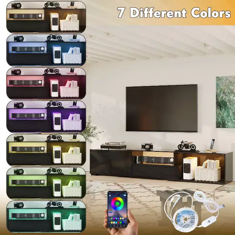 Black Extendable TV Stand with RGB LED Lights, 2 Cabinets & 2 Drawers, Fits TVs up to 80