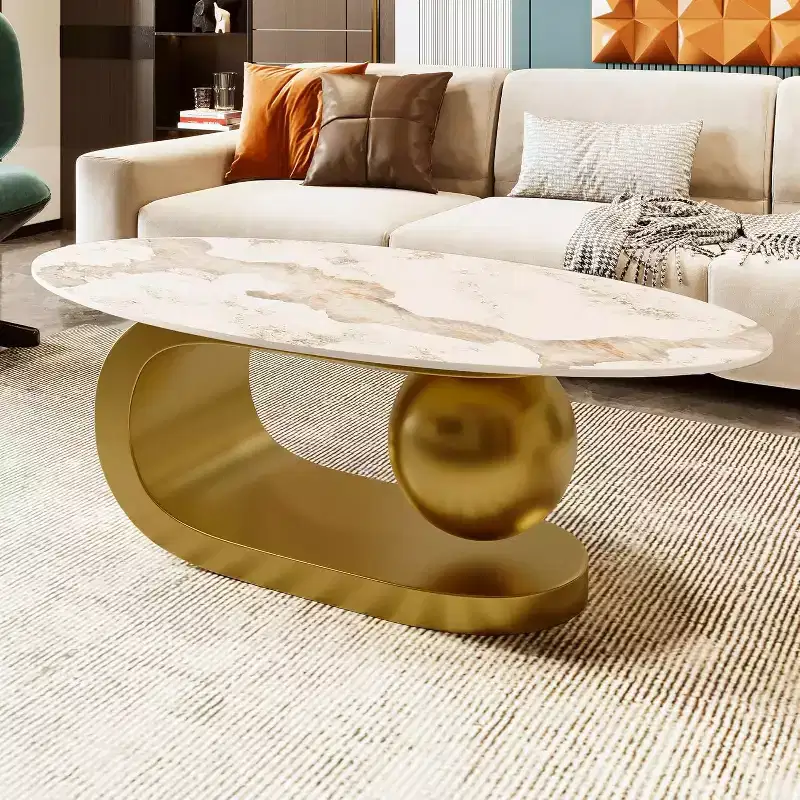 Mid-Century Modern Oval Coffee TableMarble-Pattern Sintered Stone Top, Gold Stainless Steel Base, Center End Table for Living Room