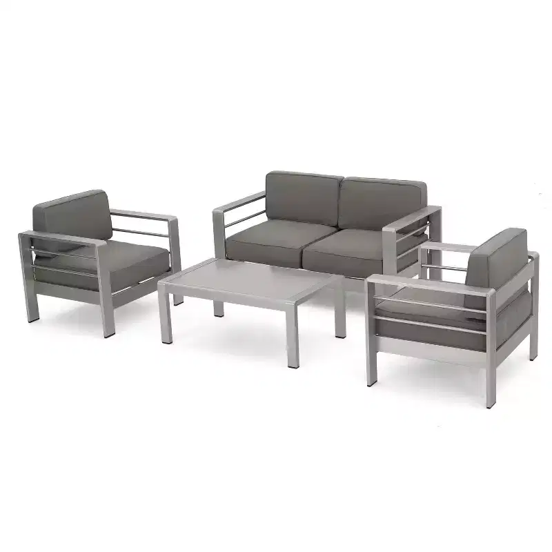 Cape Coral 4pc Cast Aluminum Patio Loveseat Set with Cushions - Silver - Christopher Knight Home: Modern Design, Water-Resistant
