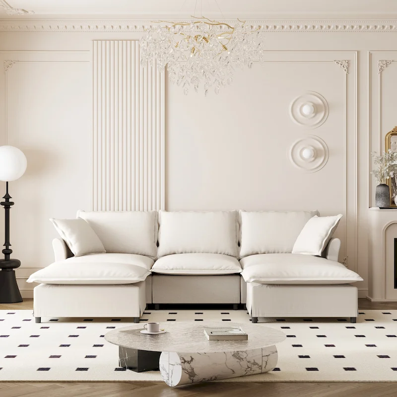 U Shaped Cloud Couch Set Chenille Sectional Sofa w/Ottoman, Pillows