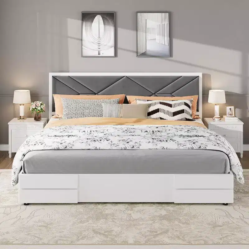 King Size Bed Frame, Wooden Bed Frame with Fabric Upholstered Headboard, No Box Spring Needed, Strong Wooden Slats, Easy Assembly, White