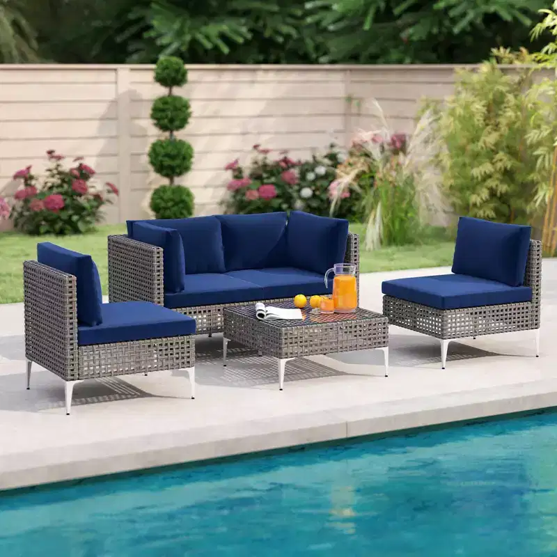 Costway 5 PCS Outdoor Furniture Set with Seat & Back Cushions Tempered Glass Coffee Table Navy/Gray