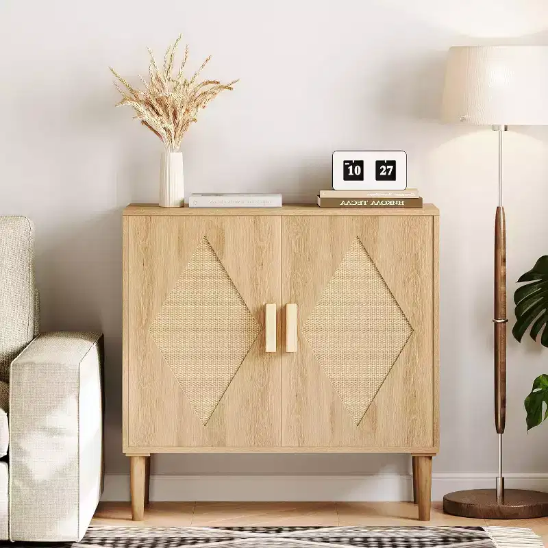 Modern Sideboard with Woven Rattan Doors  Adjustable Shelves Entryway Cabinet for Living Room, Kitchen & Hallway (Sturdy Wood Feet)
