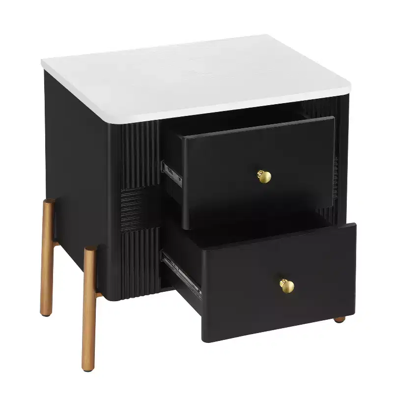 Modern Bedside Table, 2 Storage Drawers, Recessed Legs, Gold Metal Handles, Easy Assembly, for Living Room and Bedroom