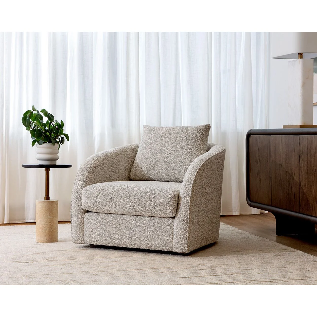 Modern Fabric Swivel Lounge Chair with Sculpted Curved Form for Living Room