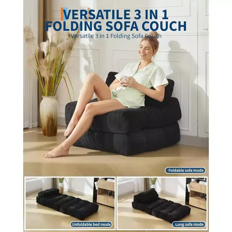 Multifunctional 3-in-1 Convertible Sofa Bed - Button-tufted corduroy fabric, 10mm pitch, foldable sofa bed with pillows, comfortable mattress.