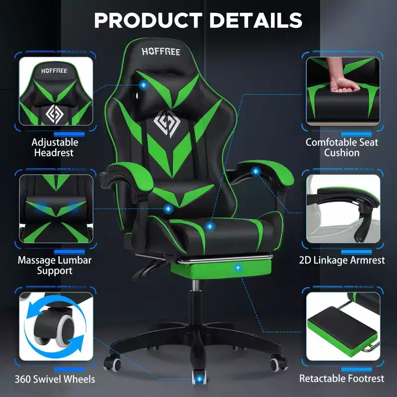 Hoffree Kids Massage Gaming Chair Ergonomic Office PC Chair with Footrest & Adjustable