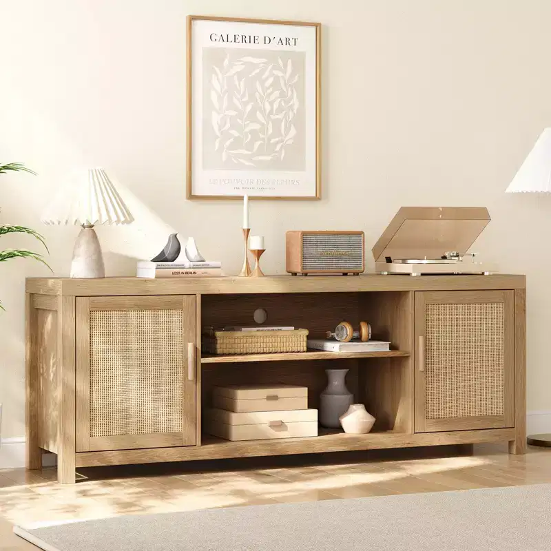 Boho TV Stand, Rattan Entertainment Center with Adjustable Shelves & Storage, Natural Oak