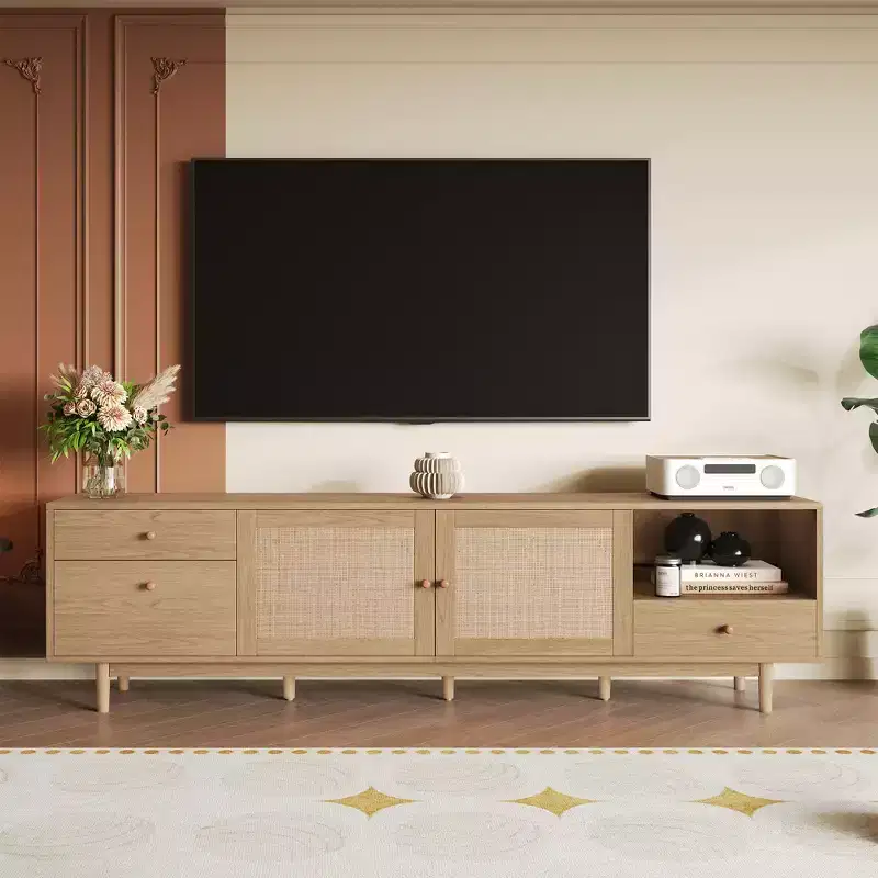 77-inch Mid-Century Modern Natural Rattan TV Console, Suitable for TVs 65 inches and larger, Entertainment Center with Open Storage and Drawers
