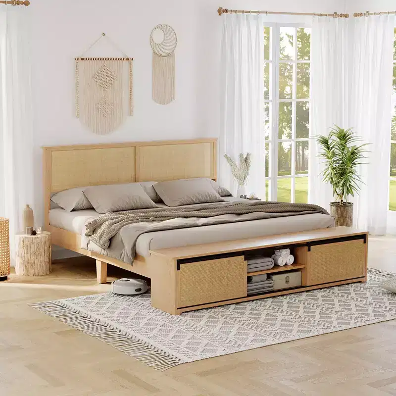 Natural Rattan Bed Frame with Sliding Barn Door Storage Cabinets and LED Light Headboard, Boho Farmhouse