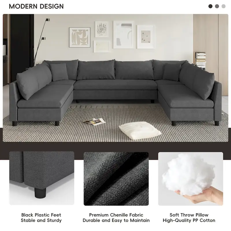 116 Chenille U-Shaped Modular Sectional Sofa, 8-Seater