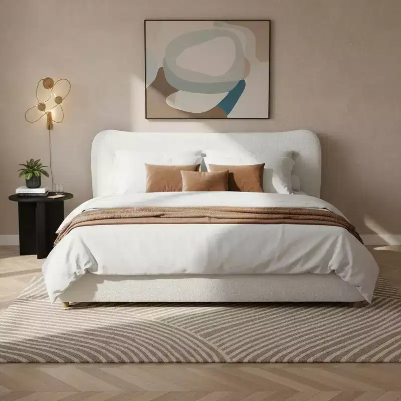 Queen/King Size Minimalist Platform Bed Frame with Soft Upholstered Headboard, Curved Design, Cream White - ModernLuxe