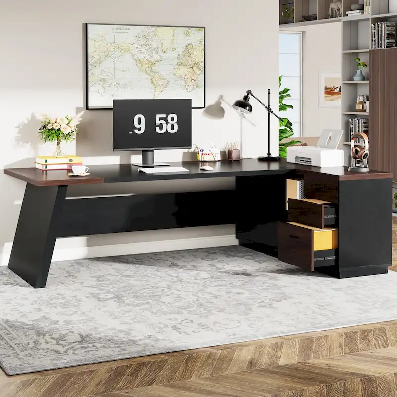 78.7-Inch L-Shaped Executive Desk Computer Desk with File Cabinet