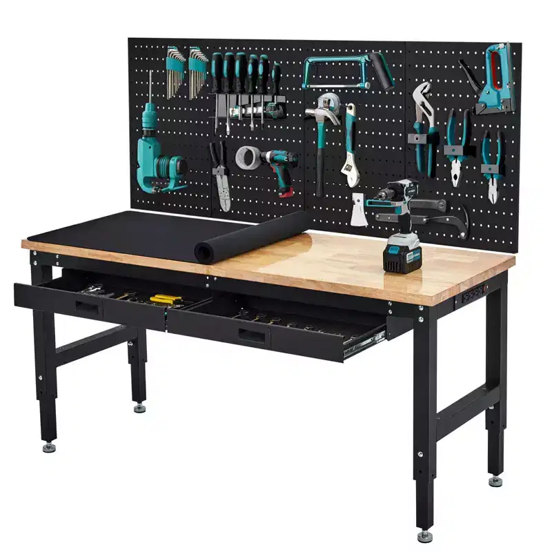 60 Inch Heavy-Duty Workbench - Rubber Wood Top, 3000 lb, Adjustable Height, 2 Drawers, Pegboard, Power Outlets