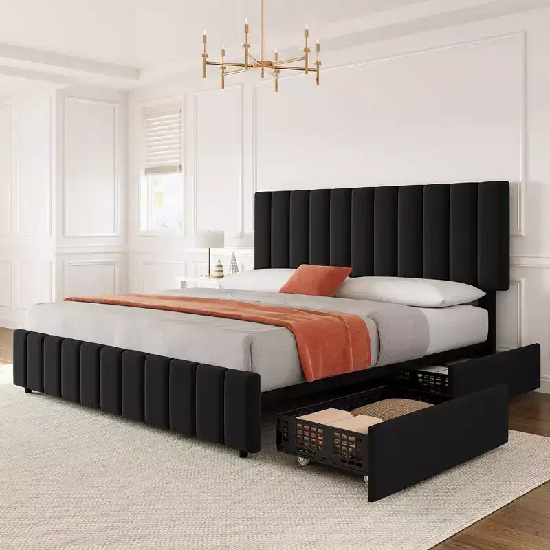 Whizmax Queen Size Bed Frame with Adjustable Headboard and 4 Storage Drawers, Linen Upholstered Platform Bed Frame, No Box Spring Needed