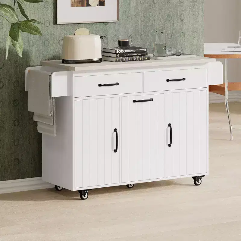 Kitchen Island with Trash Can Storage Cabinet, Drop Leaf & Spice Rack & Towel Rack and Drawer with Adjustable Shelf, White