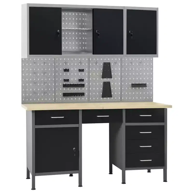 vidaXL Workbench with Four Wall Panels and Two Cabinets