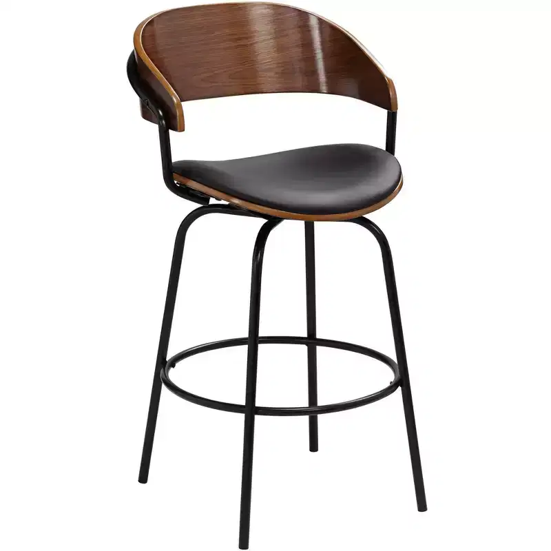 Elm Lane Larsen Black Swivel Bar Stool 26 High Mid Century Modern Faux Leather Cushion with Walnut Backrest Footrest for Kitchen Counter Height Home