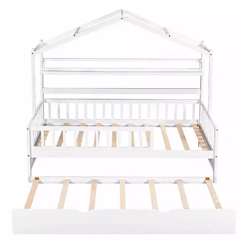 Luxystar Wood House Bed Frame with Trundle and Shelves, White