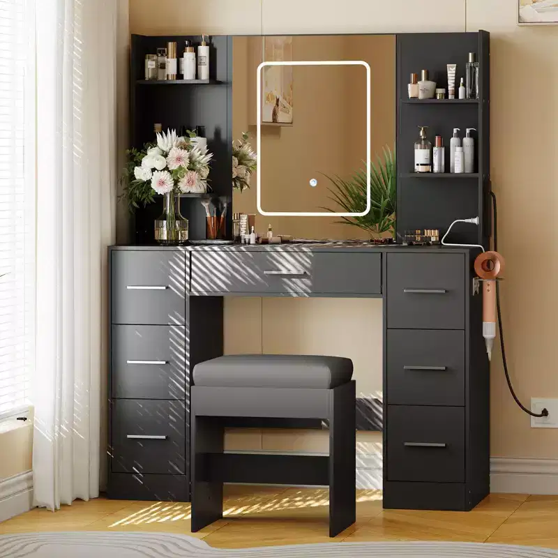 Vanity Desk with Mirror & LED Lights, 7-Drawer Dressing Table with Stool – Black / White / Marble White