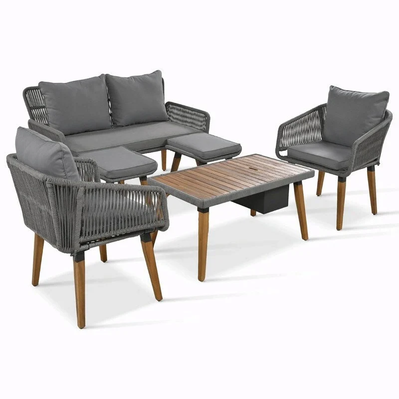 6-Piece Rope Patio Furniture Set with Acacia Wood Cool Bar Table