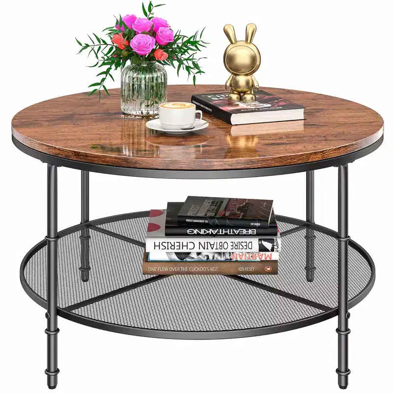 2-Tier Round Coffee Table 35.5 in with Open Storage Shelf and Metal Frame Dark Walnut