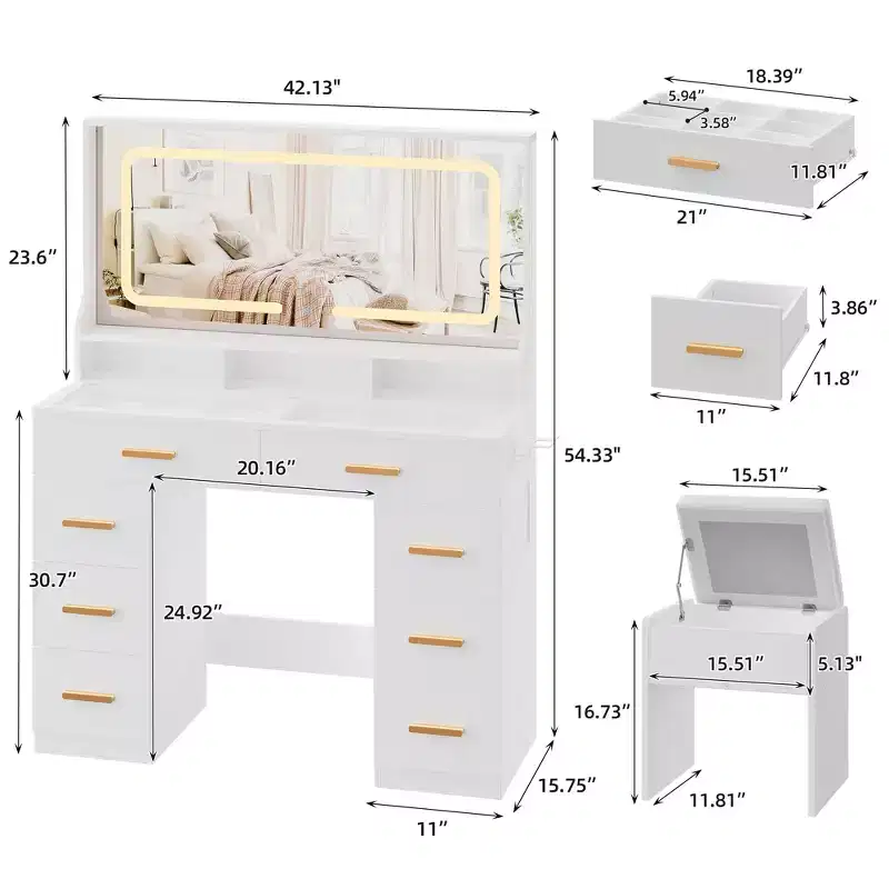 Vanity Desk with Mirror, Makeup Dresser for Bedroom, 8 Drawers, Modern Dressing Table Set for Bedroom