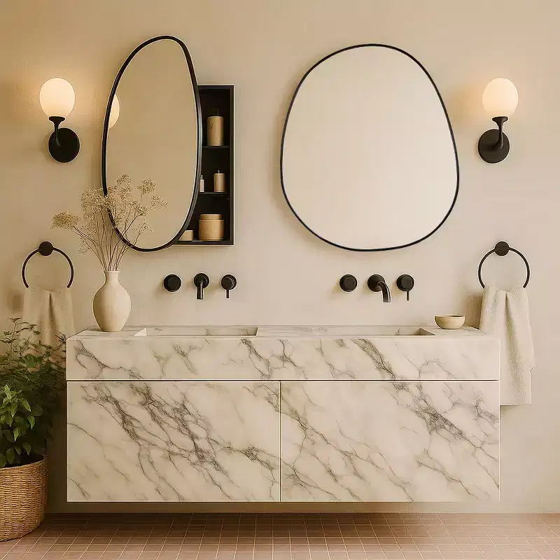 TEHOME Casa Surface Mount Black Bathroom Medicine Cabinet with Mirror, Irregular Asymmetrical Silvered Glass with Adjustable Tempered Glass Shelves