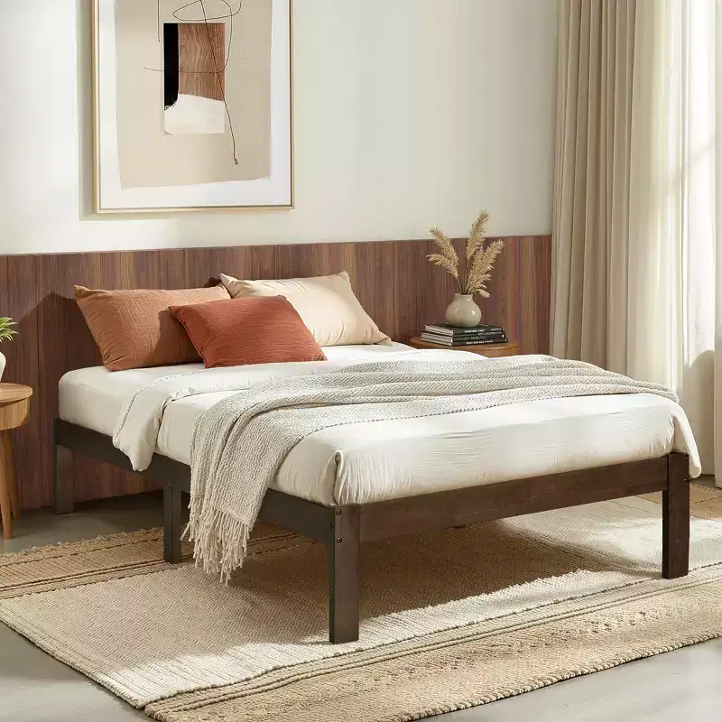 Solid Wood Platform Bed Frame with Wooden Slat Support, Walnut